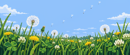 Pixel-art meadow at ground level with dandelions swaying and seeds drifting up