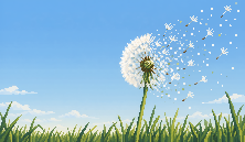 A pixel-art dandelion head releasing a stream of seeds into the breeze