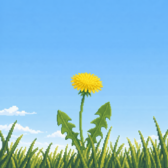 The same patch of grass with a yellow dandelion in full bloom